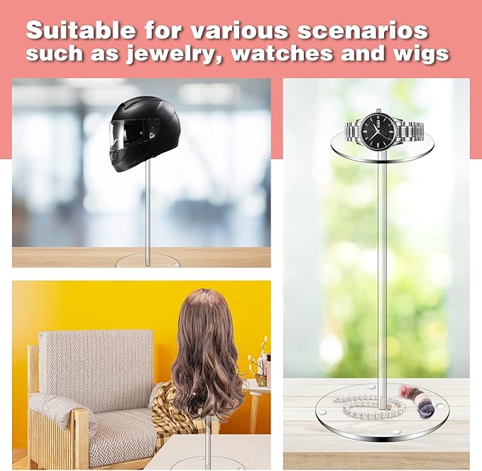 Hdkwby Acrylic Hat Display Stand 3 Pack- Thickened Base for Helmet, Wig - Multi-Use for Perfumery, Watch, Glass, Jewelry Collectibles - Home, Office, Retail, Salons, Hotels, Malls ( 11.8Inch Height)