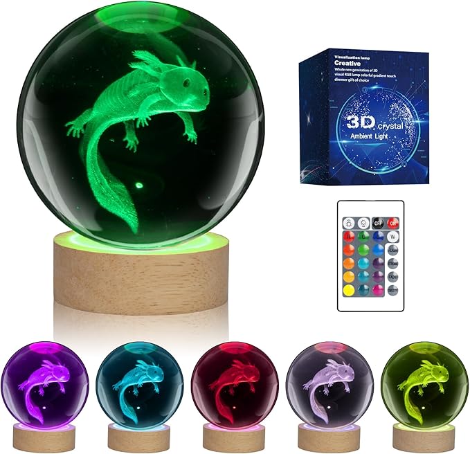 LQYHZCZQ 3D Axolotl Crystal Ball Night Light with 16 Color LED Wooden Base with Remote Control, 3.15 Inch Crystal Ball Night Light
