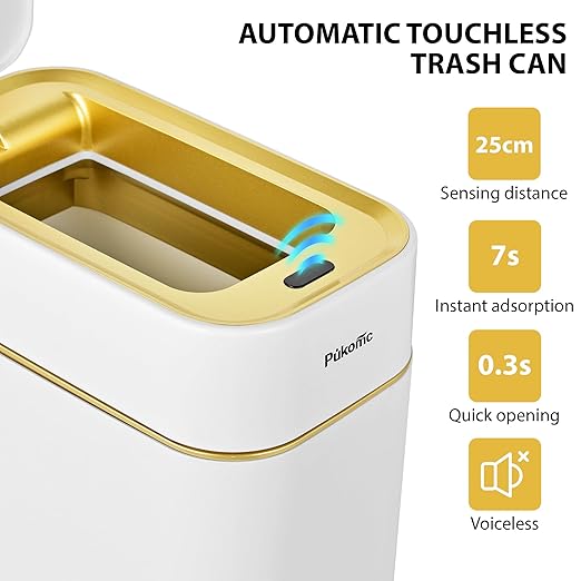 Pukomc 2.3 Gallon / 9L Automatic Adsorption Sensor Trash Can, White Gold Motion Sensor Garbage Bin with Suction, Slim Fashionable Design for Kitchen, Bathroom, Office & Small Space