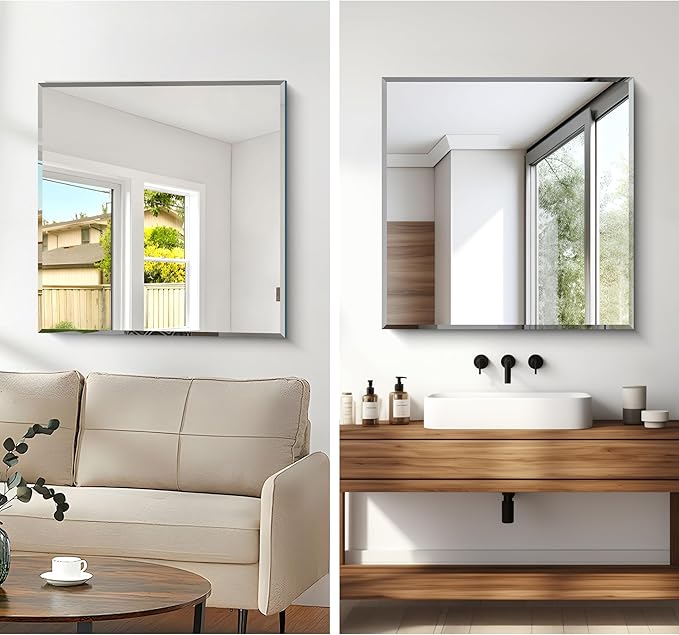 CILIBER Beveled Mirror, 30x30 inch Square Bathroom Mirrors for Wall, Upgraded Shatterproof Frameless Vanity Mirror Over Sink with Beveled Edge for Bathroom,Bedroom,Living Room and Entryway