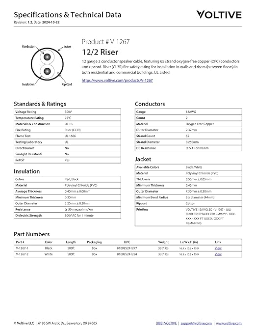 Voltive 12/2 Speaker Wire, Riser CL3R, Black, 500ft - 12AWG, 2 Conductors, Stranded Oxygen-Free Copper, UL Listed - V-1267-1