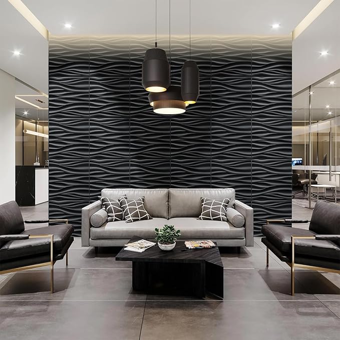 STICKGOO Black 3D Wall Panels, Wave Design Textured PVC Wall Panels, 19.7''x19.7'' Modern Accent Wall Panels for Interior Wall Decor Bedroom Office Living Room