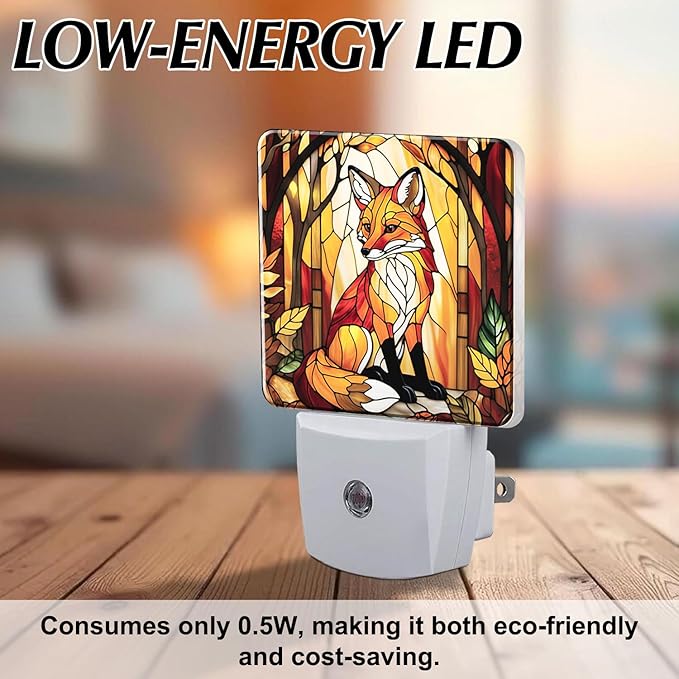 PODMemory Fox Stained Glass Night Lights Plug into Wall for Room, Fox Night Light LED for Bedroom