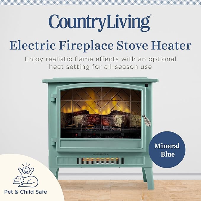 Country Living Infrared Freestanding Electric Fireplace Stove Heater in Mineral Blue | Multiple Flame Colors, Metal Design with Faux Wooden Logs | Alexa/WiFi Enabled, Remote Control