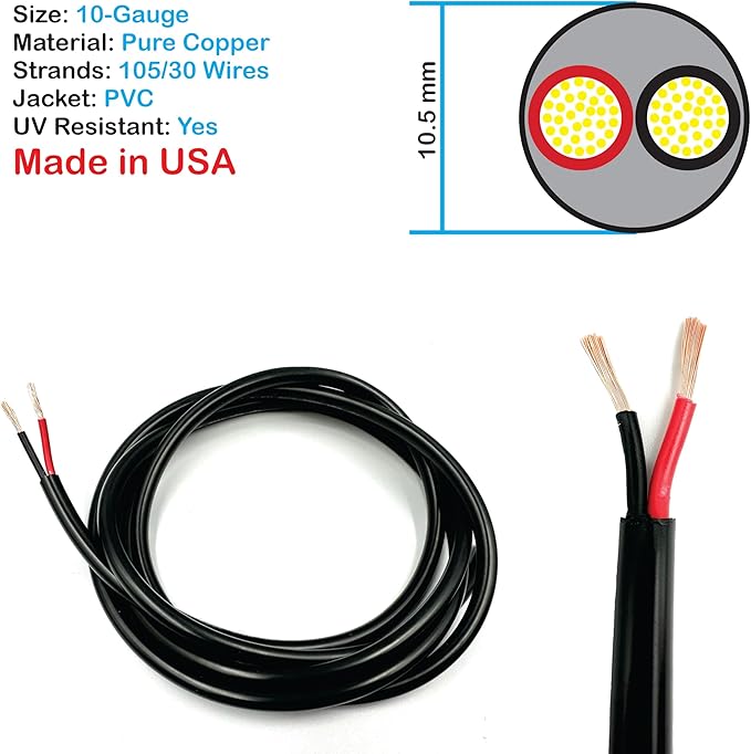 NATIONAL Wire & Cable – 10 AWG 2-Conductor Premium Copper Wire, 250 ft, Stranded | Made in USA, Heavy-Duty Flexible Jacket | Automotive, Solar, Battery, Indoor and Outdoor Use