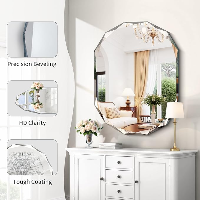 GLASHOM Frameless Bathroom Mirror, 30x40 inch Frameless Wall Mirrors Beveled Edge Wall Mounted, Oval Mirror for Bathroom, Living Room, Over Sink, Entryway Mirror Horizontal or Vertical