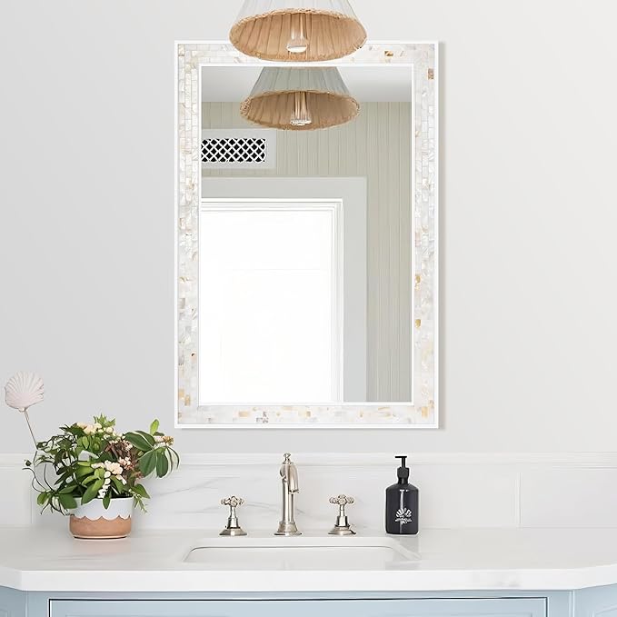 Tanmicoshomy White 24 x 36 Inch Rectangle Bathroom Mirrors for Wall, Natural Shell Framed Wall Mounted Mirror for Bedroom, Living Room or Entryway, Horizontal or Vertical Hanging