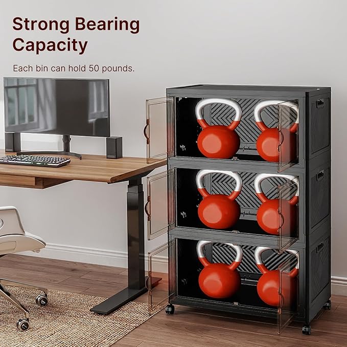 Extra Large Stackable Storage Bins with Lids & Wheels, 330QT-55QT/14GAL*6Pack Foldable Collapsible Closet Organizers Dark Storage Cabinet with Doors for Bedroom Dorm