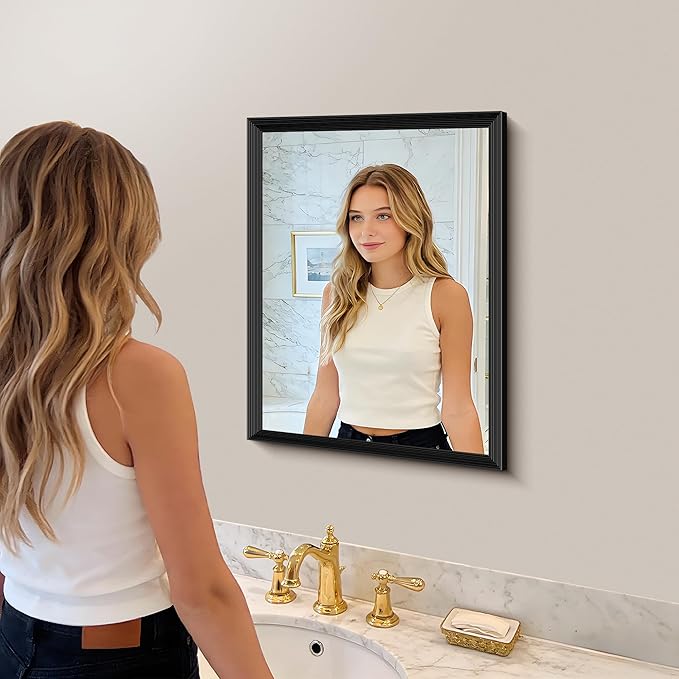 Black Bathroom Mirror 18 x 24 Inch Rectangle Wave Beveled for Wall Bathroom Vanity Mirror for Over Sink, Tempered Glass,for Entryway Hangs, Bathroom Living Room Horizontal or Vertical