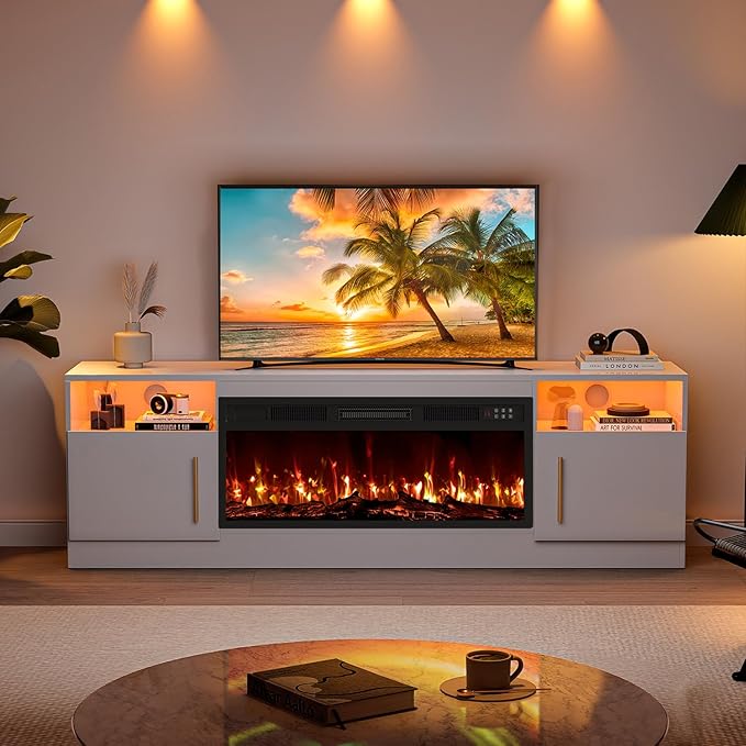 VITESSE Fireplace with TV Stand 36" inch Electric Fireplace Up to 80" TVs, LED Light Entertainment Center, 70" Modern Wood High Gloss with Highlight Storage Cabinet for Living Room (White)