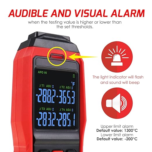 Thermocouple Thermometer Data Logger 4 Channels Digital K Type Thermometer with 5000 Groups Programmable Temperature Recording -328~2501℉ Measuring Range, Audible & Visible Alarm ADJ Compensation