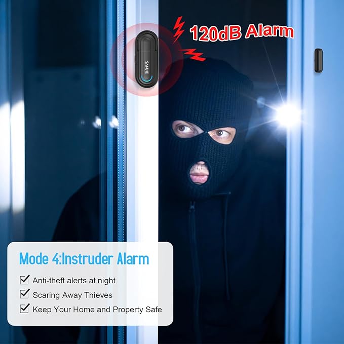 SanJie Door Alarm for Kids Safety with Remote,Wireless Door Chimes When Door Opens for Home/Dementia Patients/Pool,0-120 dB Volume Ajustable 4 Working Modes(2 Remote & 2 Sensor)