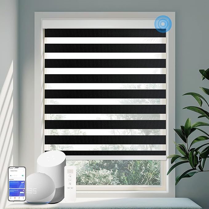 COOLWINDS Motorized Zebra Blinds for Windows Cordless Electric Curtains with Remote Control Blackout Shades Custom Smart Blinds Compatible with Alexa Google Home(Light Filtering Black,W44 X 72in)
