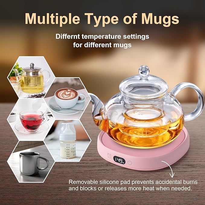 Bsigo Cute Cat Mug Set with Electric Smart Mug Warmer for Home & Office, Beverage Tea or Coffee Cup Warmer with 3-Temp Settings, 8H Auto Shut Off, Pink