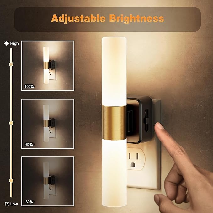 JandCase LED Night Light, 2 Pack Night Lights Plug into Wall, 3000K Soft White, 0-100LM Adjustable Brightness, 180° Rotating Plug in Night Light with Auto Light Sensor for Bedroom Bathroom Hallway
