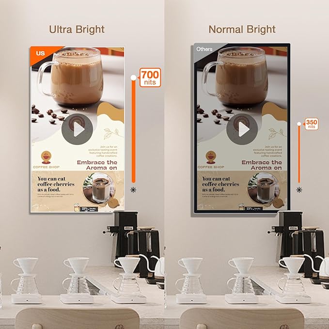 Canlarriz Digital Signage Display 40 inch Wall Mount Digital Menu Board for Restaurants and Stores Advertising Screen 1000 nits Ultra-High Brightness 4K UHD Free Web Content Editor Android 4GB + 32GB