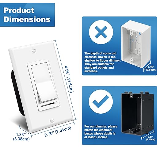 BESTTEN 2 Pack Dimmer Light Switch, Universal Lighting Control, Single Pole or 3 Way, Compatible with LED Dimmable Lamp, CFL, Incandescent, Halogen Bulb, Decorator Wallplate Included, UL Listed, White