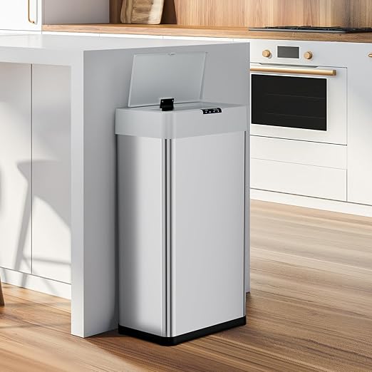 AthLike Sensor Trash Can, Touchless Motion Sensor Trash Bin, Smart Automatic Garbage Can with Soft-Close Lid, Bag Retainer Ring and Display Light,for Kitchen,Living Room Office (Silver, 16 Gal)