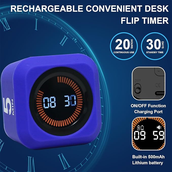 FCXJTU Rotating Cube Pomodoro Visual Timer 5, 25, 10 50 Minutes Preset, Rechargeable Desk Productivity Flip Timer w/Silicone Cover, Custom Countdown, Silent Mode for ADHD, Study, Work, School(Purple)