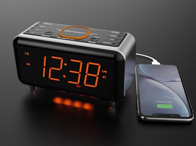 Emerson CKS1521 SmartSet Bluetooth Dual Alarm Clock Radio with 1.4” Orange LED Display, USB Charger, FM Radio, AUX Input, Auto-Dimmer, and Orange Accent Light