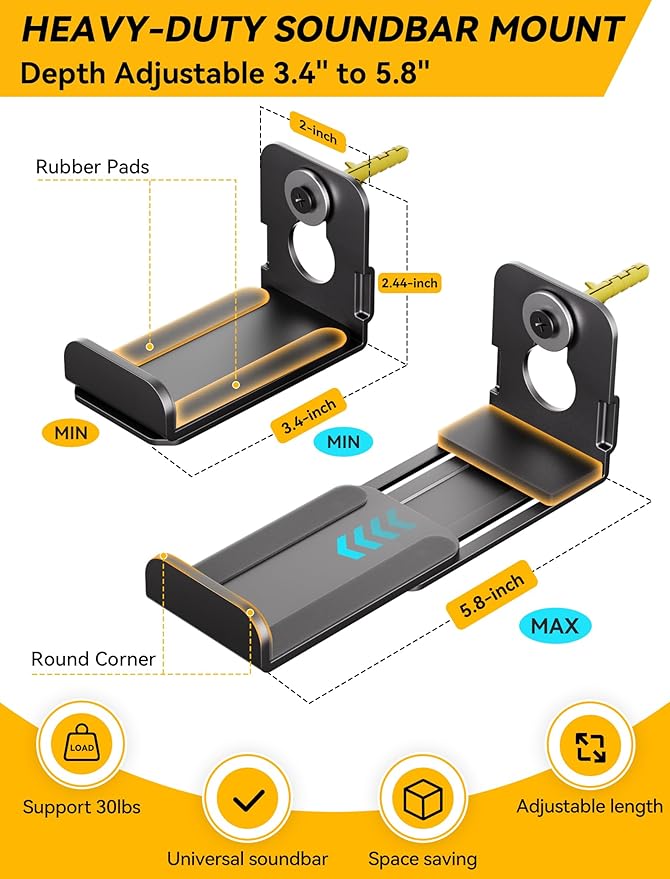 MUAKIOY Soundbar Mount, (2 Sets) Speaker Wall Mount Brackets Under TV, Heavy Duty Sound Bar Shelf Mounting Adjust 3.4" - 5.8" for Samsung, Vizio, Lg, Sony, JBL, Bose and More Hanger Soundbars