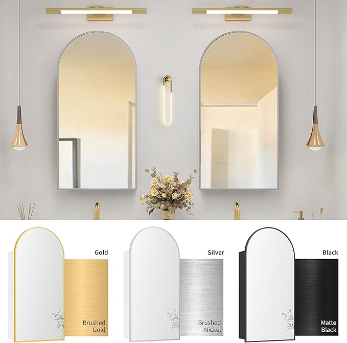 Silver Medicine Cabinet with Mirror,Arched Bathroom Cabinet Left or Right Opening,Wall Mounted Medicine Cabinet,Bathroom Vanity Mirror with Storage,Adjustable Shelves, Not Recessed,16x30 inch