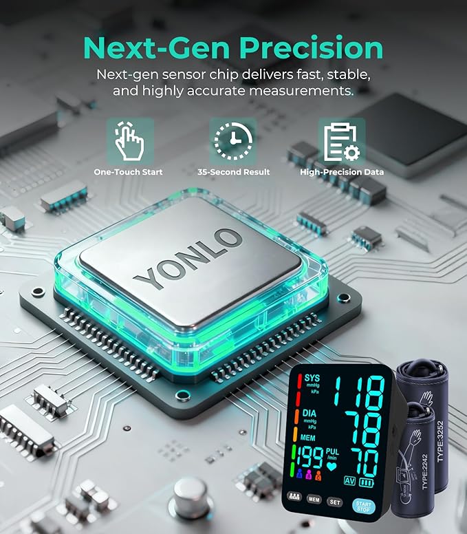 YONLO Blood Pressure Monitor, Automatic Upper Arm Blood Pressure Monitors for Home Use, 2 Blood Pressure Machine Cuff(9-17in & 13-21in) with Large LED Backlit Display, 3x199 Reading Memory Users Black