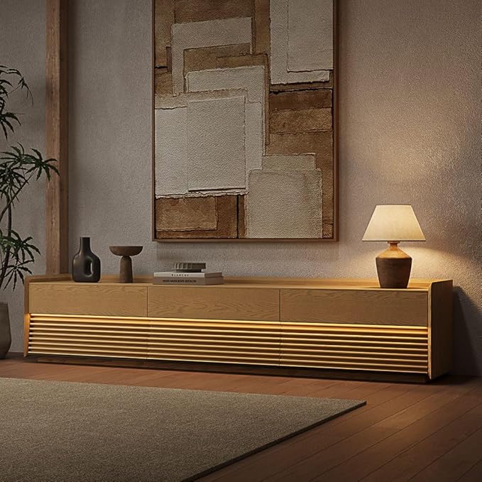 POVISON 95" Fully Assembled Mid Century Modern TV Stand with LED Lights, Extra Long Media Console with 6 Drawers, Luxury Wood Slatted Entertainment Center for 85 90 100 Inch TV