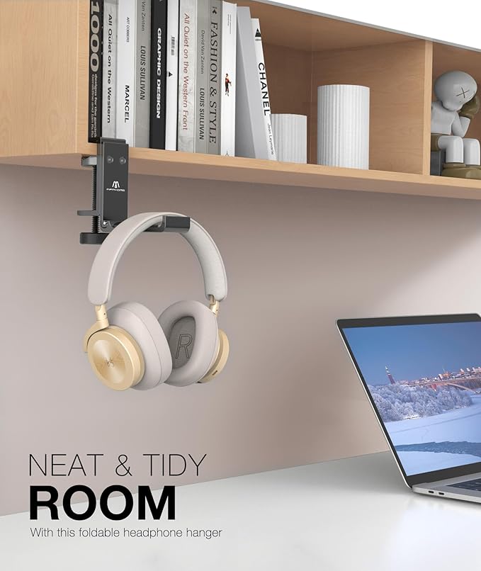 APPHOME New Foldable Headphone Stand Hanger Holder Aluminum Headset Soundbar Stand Clamp Hook Under Desk Space Save Mount, Universal Fit Gaming Headphones, Black