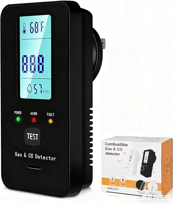 4in1 Combustible Natural Gas & Carbon Monoxide Detector, CO Leak Detector Home Air Quality Monitor with Digital Display for Temperature and Humidity, Kitchen & RV Alarm (Black)