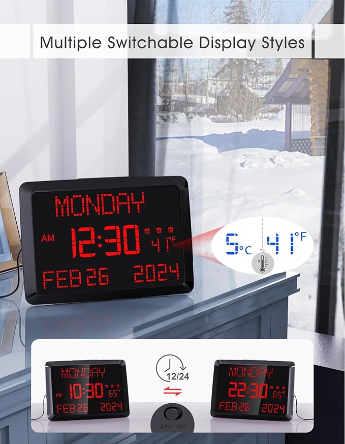 Digital Clock Large Display 11.5", Calendar Clock with Date,Time,Day of Week,Temperature,2 USB Chargers,3 Alarms,5Dimmer& 12/24H,Wall clock/Desk clock for Seniors,Dementia,Memory Loss,Impaired Vision