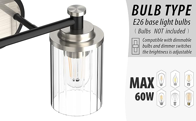 PHIXART Bathroom Lighting Fixtures Black and Brushed Nickel Bathroom Vanity Light with Cylindrical Clear Stripes Glass Lampshade E26 Socket Base Bathroom Lighting Fixtures Over Mirror (4 Lights)