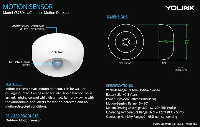 YoLink LoRa 1/4 Mile Wireless Range Smart Motion Detector, Indoor Motion Sensor - Image 2