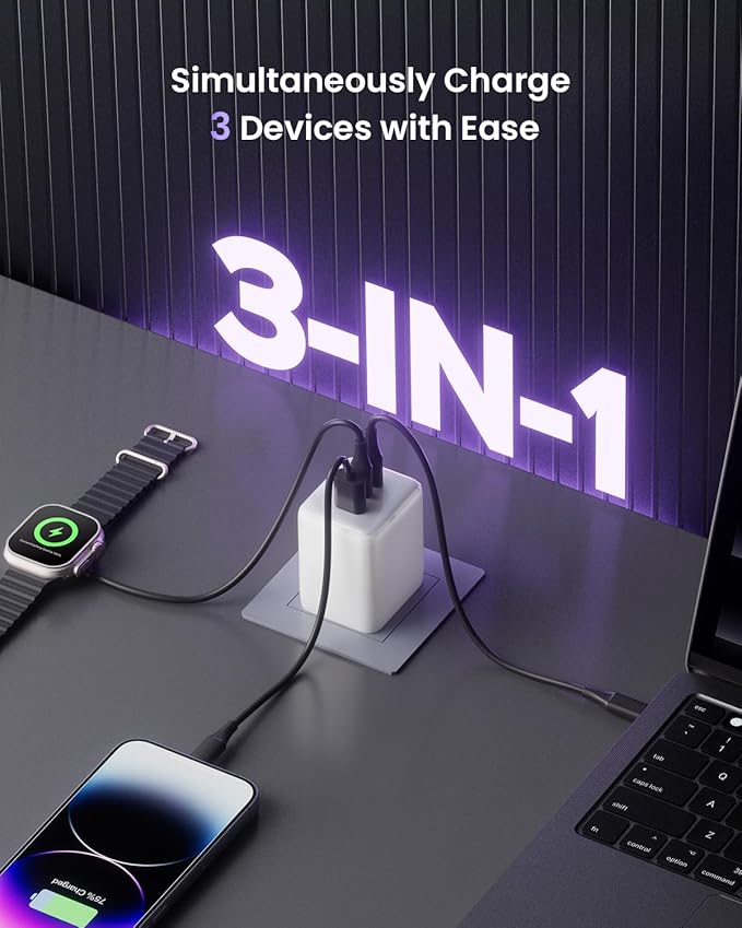 Wegear 100W USB C Charger Block, 3-Port Compact Foldable Power Adapter USB Wall Charger for MacBook Pro/Air, Dell XPS, iPad Pro, iPhone Series, Galaxy S25/S24, and More