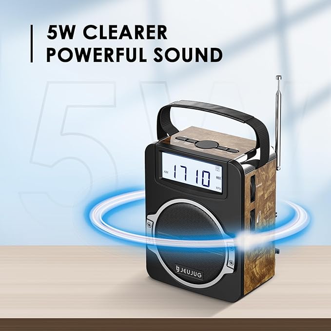 JEUJUG Radio Portable AM FM Digital Radios Clock Radio with Bluetooth 5 Watts Loud Speaker Rechargeable AM FM Radios Plug in Wall Battery Operated Best Reception for Home Outdoor Great Retro