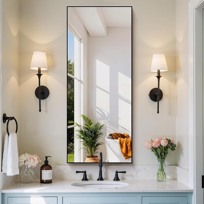 Black Bathroom Mirror for Wall, 20x48 Inch Rectangle Mirror with Metal Frame, Modern Vanity Mirrors for Bathroom Living Room, Entryway Hangs Horizontal or Vertical