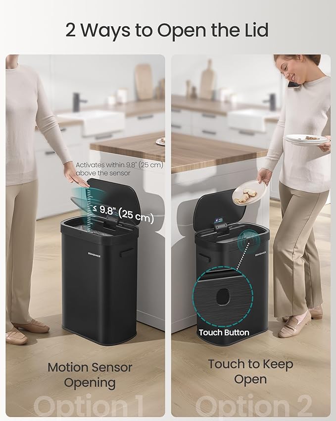 SONGMICS Motion Sensor Trash Can, 13-Gallon (50 L) Automatic Garbage Can with Soft Close Lid, Stainless Steel, Wave or Touch to Open, Includes 15 Bags, Ink Black ULTB640B01