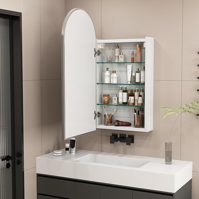 Silver Medicine Cabinet with Arched Mirror, Left or Right Opening, Mirrored Medicine Cabinet Wall Mounted, Bathroom Vanity Mirror with Storage, Adjustable Shelves, Not Recessed, 16x32 inch