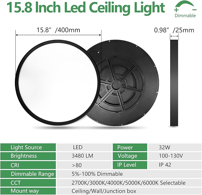 15.8 Inch Dimmable LED Flush Mount Ceiling Light, 32W, 3480LM, 3000K/3700K/4000K/5000K/6000K, Round Flat Panel Low Profile Ceiling Light Fitures for Hallway, Kitchen, Bedroom, 4PK Black