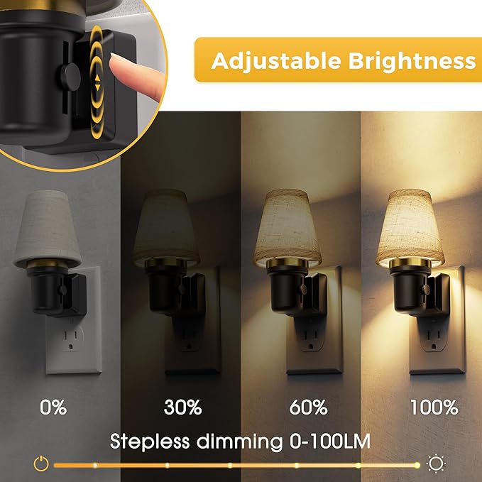 L LOHAS LED Night Lights Plug into Wall, 2 Pack Linen Fabric Round Platform Decor Night Light, Dusk to Dawn Sensor Vintage Nightlight, 0-100LM Dimmable, for Bedroom Living Room Hallway