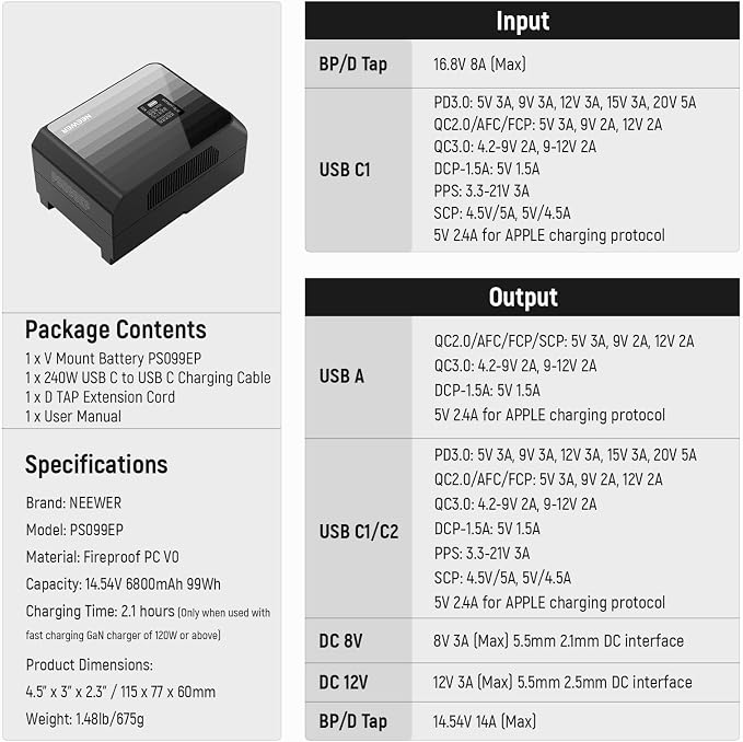 NEEWER Mini V Mount Battery PS099EP, 6800mAh 99Wh V Lock Battery - Image 9