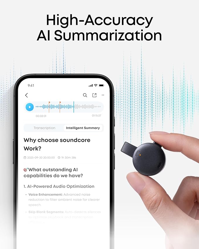 soundcore Work by Anker, Portable AI Voice Recorder, AI Note Taker, AI Transcription & Summarization, 6-Month Pro at No Charge, Cross-Meeting Summary, MFi Certified, Privacy Protection