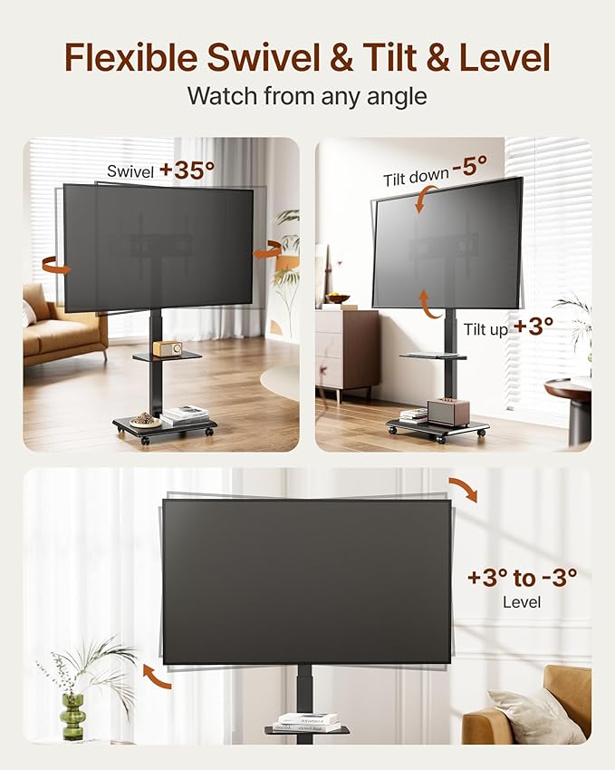 ECOTINY Steel Base Rolling TV Stand for 32-75 inch TVs up to 110 lbs, Leveling & Tilt & Swivel Mobile TV Stand with Hidden Wire Management, Height Adjustable Portable Tv Stand with Steel Shelf, Black