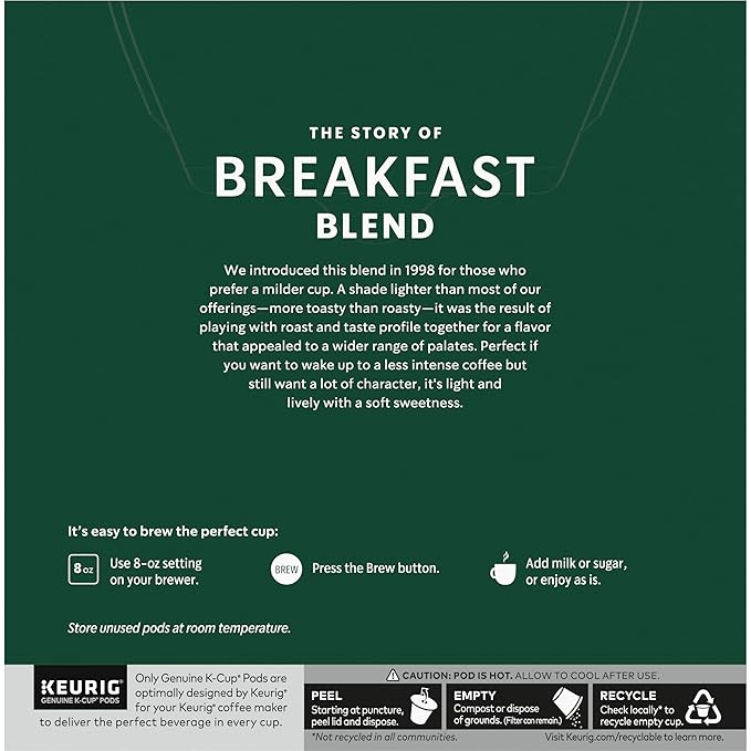 Starbucks Coffee K-Cup Pods, Breakfast Blend, Medium Roast Coffee, Notes of Brown Sugar & Sweet Orange, Keurig Genuine K-Cup Pods, 32 CT K-Cups/Box (32 Count (Pack of 2))