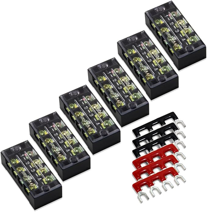 MILAPEAK Terminal Blocks - 12pcs (6 Sets) 4 Positions Dual Row 600V 25A Screw Terminal Strip Blocks with Cover, Pre-Insulated 400V 25A 4 Positions Barrier Strip Black & Red