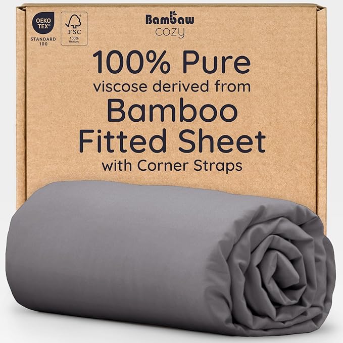 Bambaw 100% Viscose Derived from Bamboo Fitted Sheet, Cooling Fitted Sheet King Size, 16’’ Deep Pocket King Size Fitted Sheet Only, Soft King Fitted Sheet with Elastic Corner Straps (Dark Gray)