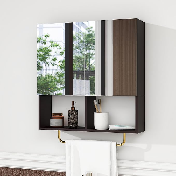 Wall Mounted Storage Cabinet with Mirror & Adjustable Shelves- Bathroom Medicine Cabinet with Towel Bar for Bathroom, Laundary, Enterway,Bedroom