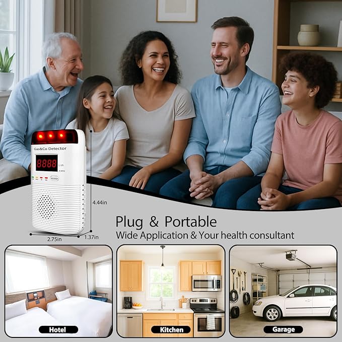 Combination Gas & Carbon Monoxide Detectors Plug in, 2-in-1 Gas Leak Detector & Carbon Monoxide Alarm with Digital Display, Audible & Visual Alarm, Gas CO Leak Sensor for Home, RV