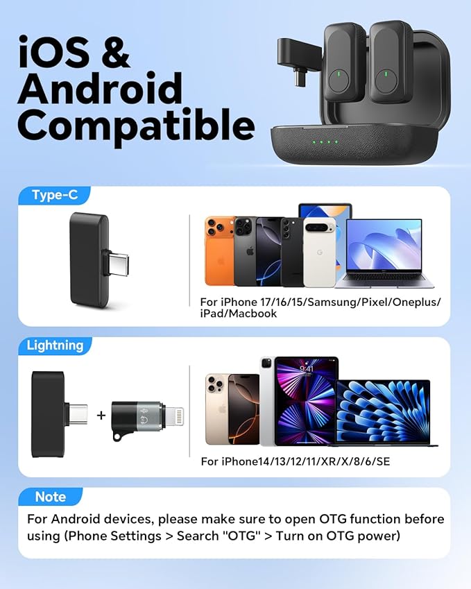 Jubolion Wireless Lavalier Microphone for iPhone/Android Phone/Laptop/PC, Mini Lapel Mic with 50H Battery Life Charging Case, 100FT Range and Noise Reduction, for Video Recording, Streaming, TikTok