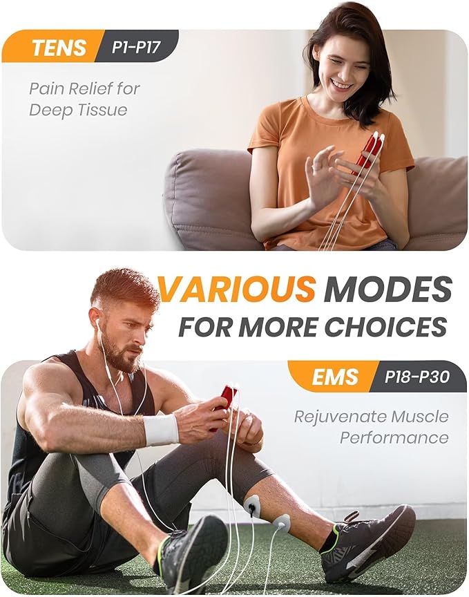AVCOO 30 Modes TENS EMS Unit Compact Muscle Stimulator for Pain Relief, Rechargeable & Portable Dual Channel Muscle Stimulator with 30 Intensity Levels and 12 Electrode Tens Unit Replacement Pads Red